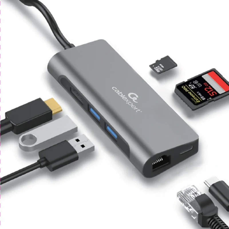 CABLEXPERT - Station d'accueil - USB 3.1|4K|60Hz|Ultra HD|PD USB-C (Mâle) - 2 x USB-A (Femelle) + HDMI (Femelle) + USB-C (Femelle) + RJ45 + Micro-SD + SD - 0,15 m