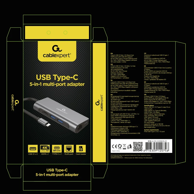 CABLEXPERT - Station d'accueil - USB 3.1|4K|60Hz|Ultra HD|PD USB-C (Mâle) - 2 x USB-A (Femelle) + HDMI (Femelle) + USB-C (Femelle) + RJ45 + Micro-SD + SD - 0,15 m