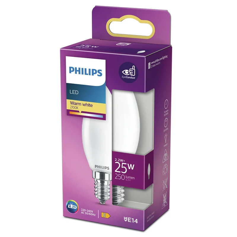 PHILIPS - Light Bulb - E14 - 25 W - 250 Lumen - 2700 K - Frosted - Candle