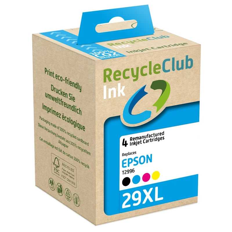 RECYCLECLUB XL Cartouche d'encre 29XL - Multipack - Noir + Bleu + Rouge + Jaune - Remplace Epson