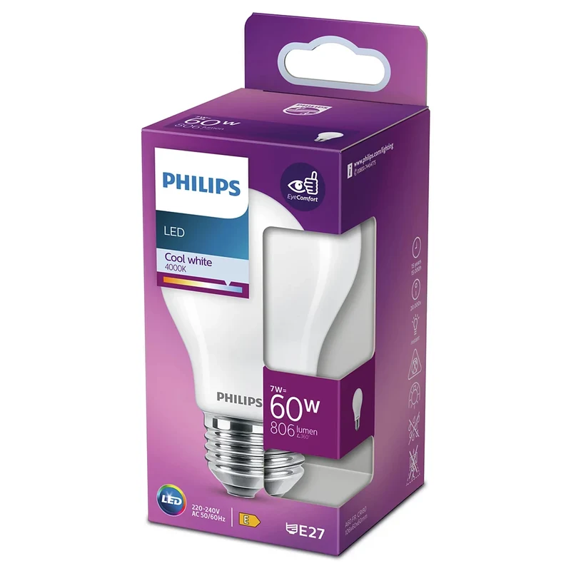 PHILIPS - Light Bulb - E27 - 60 W - 806 Lumen - 4000 K - Frosted - Bulb