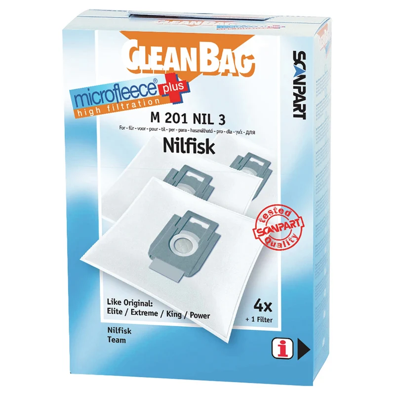 CLEANBAG M201NIL-3 - 4 Sacs d´aspirateur - 1 Microfiltre - adapté pour Nilfisk | IVAC | Junior Elite | Extreme| King| Power