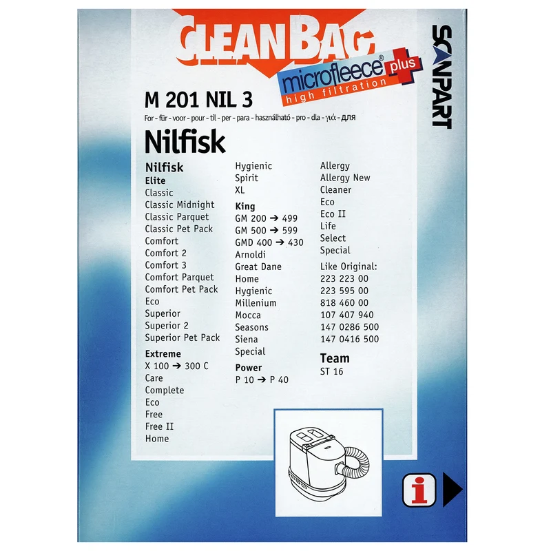 CLEANBAG M201NIL-3 - 4 Sacs d´aspirateur - 1 Microfiltre - adapté pour Nilfisk | IVAC | Junior Elite | Extreme| King| Power