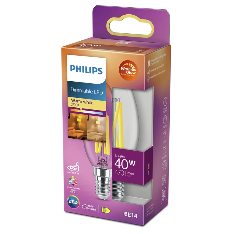PHILIPS - Light Bulb - E14 - 40 W - 470 Lumen - 2200 K - 2700 K - Bright - Candle - Warm Glow