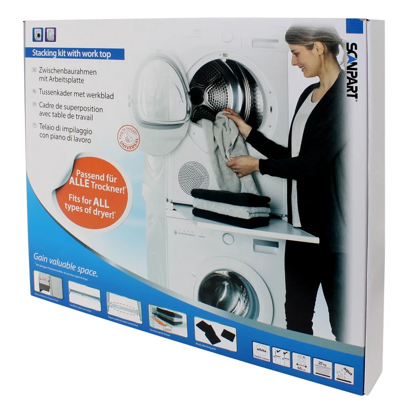 SCANPART - Kit de superposition lave linge seche linge - Avec plan de travail - Blanc - Également pour les sèche-linge à pompe à chaleur