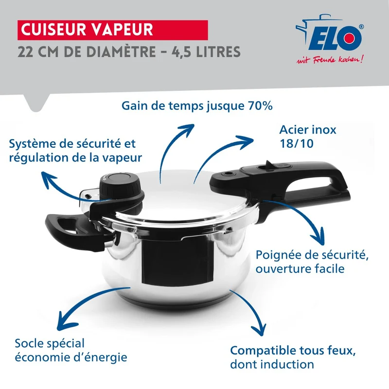 Autocuiseur vapeur en acier inoxydable 18/10 22 cm 4,5 litres Elo Mistral Premium