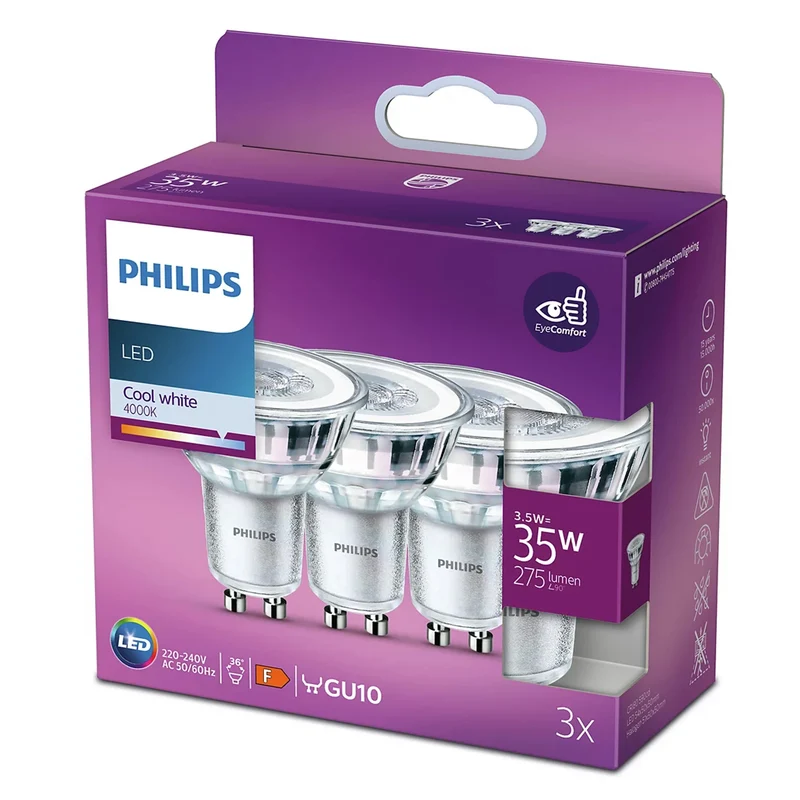 PHILIPS - Reflector Spot - GU10 - 35 W - 275 Lumen - 4000K - Bright - Reflector Spot - Multi Pack