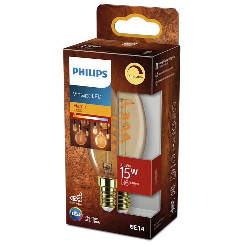 PHILIPS - Vintage Led - E27 - 15 W - 250 Lumen - 1800 K - Flame - Candle