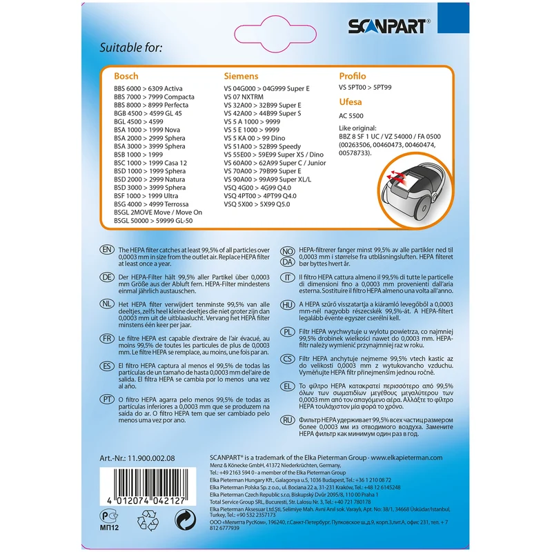 SCANPART Filtre d'échappement BBZS8SF1 - Suitable for Bosch|Siemens BBZS8SF1(00)|BBZS8SF100