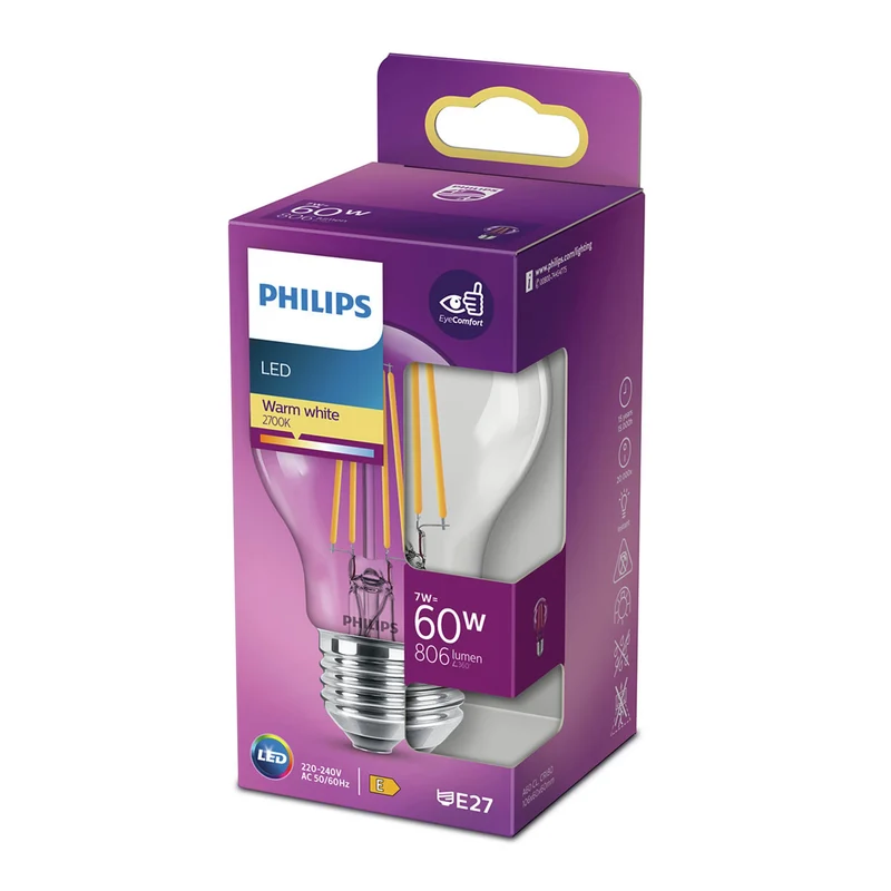 PHILIPS - Light Bulb - E27 - 60 W - 806 Lumen - 2700 K - Bright - Bulb