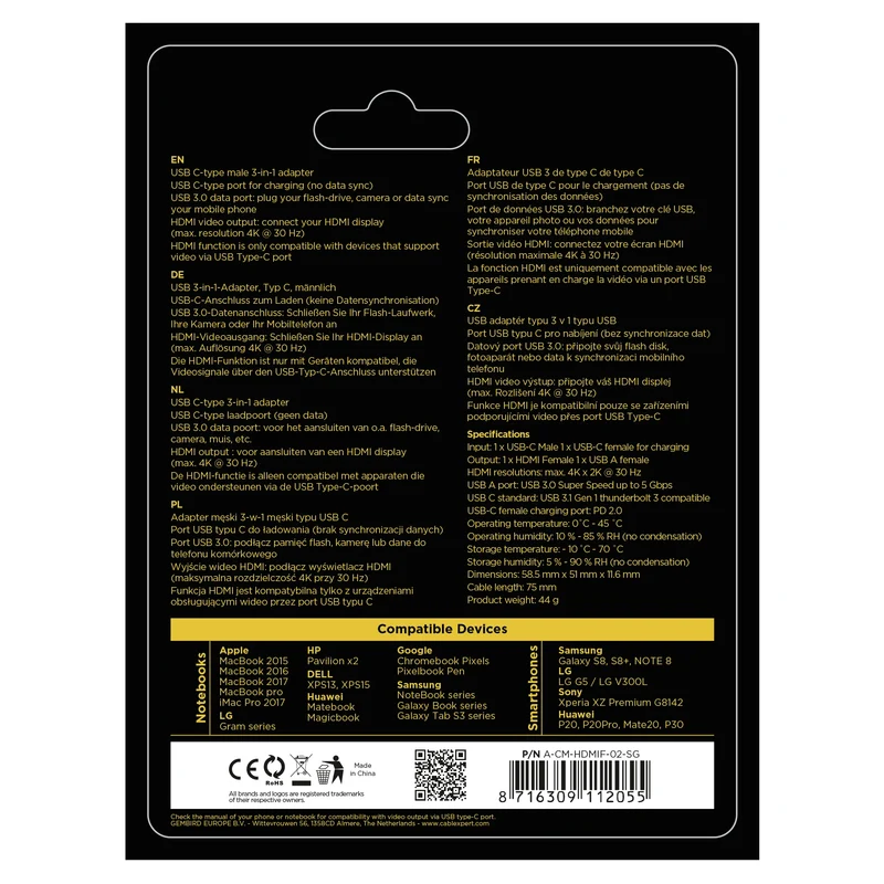 CABLEXPERT - Câble adaptateur - 4K|30Hz USB-C (Mâle) - HDMI (Femelle) + USB-A (Femelle) + USB-C (Femelle) - 0,15 m