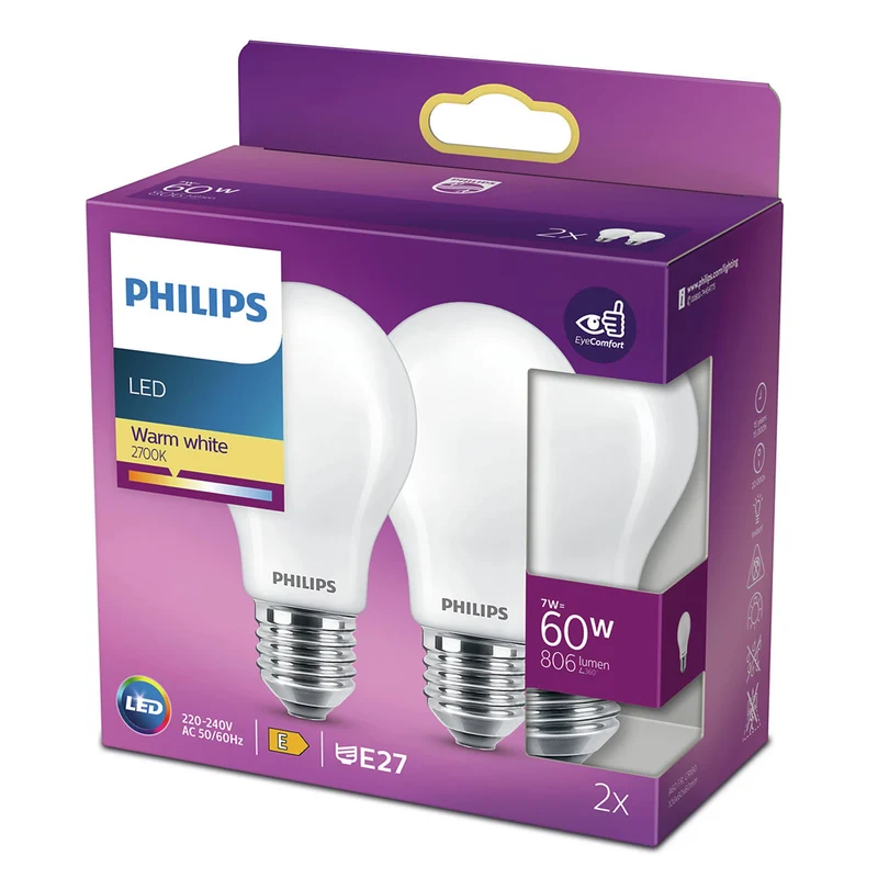 PHILIPS - Light Bulb - E27 - 60 W - 806 Lumen - 2700 K - Frosted - Bulb - Duo Pack