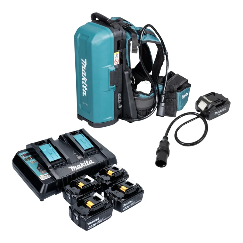 Sac à dos pour batteries Makita PDC 01 36 V (2x 18 V) + adaptateur de batterie 18 V + 4 batteries 5,0 Ah + chargeur