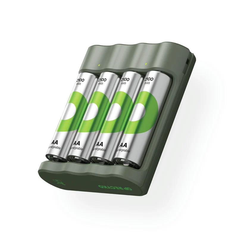 GP NiMH - Recyko - Charger USB AA | HR6 - Multipack - 4 Pièces + Chargeur + USB Câble - 1.2 V - 2100 mAh - Rechargeable Batterie