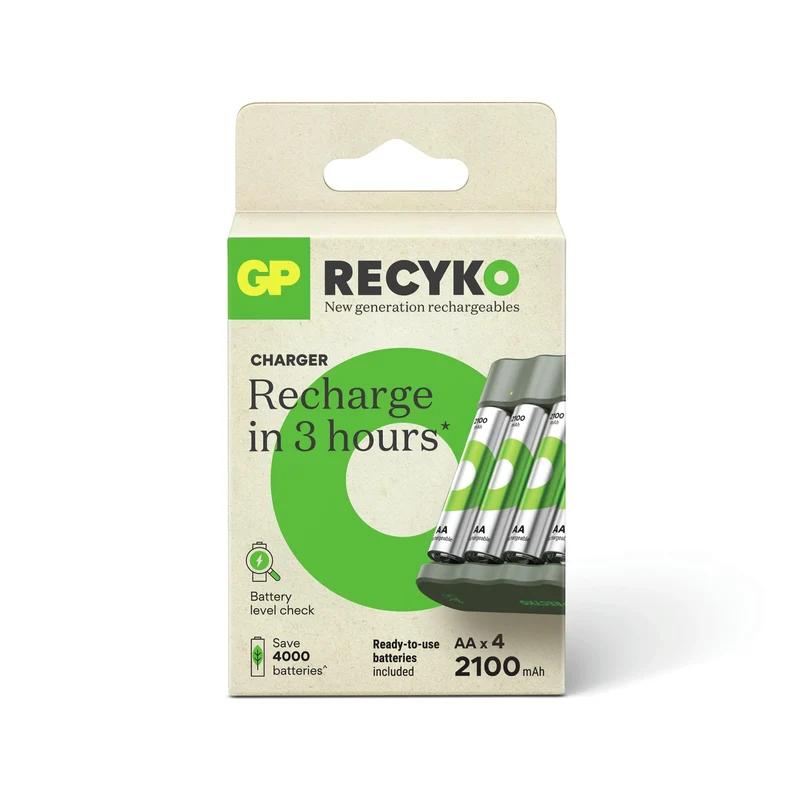 GP NiMH - Recyko - Charger USB AA | HR6 - Multipack - 4 Pièces + Chargeur + USB Câble - 1.2 V - 2100 mAh - Rechargeable Batterie