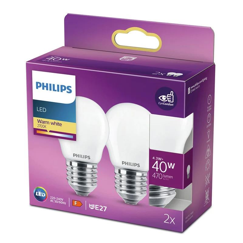 PHILIPS - Light Bulb - E27 - 40 W - 470 Lumen - 2700 K - Frosted - Bulb - Duo Pack