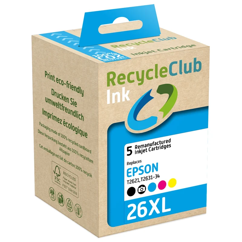 RECYCLECLUB XL Cartouche d'encre 26XL - Multipack - Noir + Bleu + Rouge + Jaune + Photo Noir - Remplace Epson