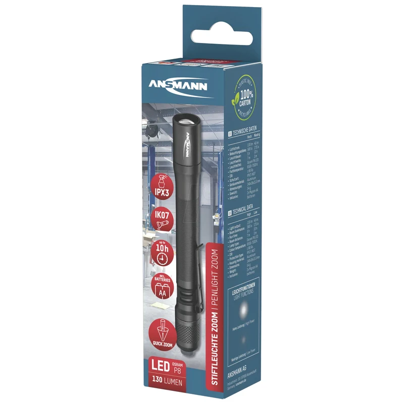ANSMANN - Lampe torche - PL130 - 130 lumens - Noir - 2 piles AA