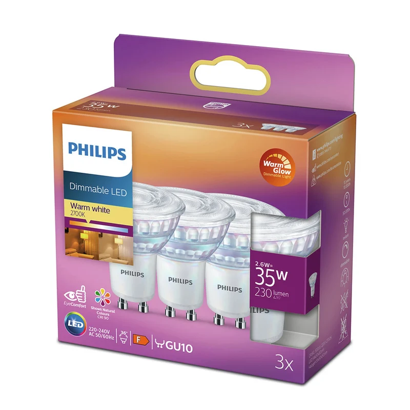 PHILIPS - Reflector Spot - GU10 - 35 W - 230 Lumen - 2700 K - Bright - Reflector Spot - Multi Pack - Dimmable - Warm Glow