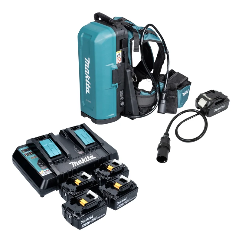 Sac à dos pour batteries Makita PDC 01 36 V (2x 18 V) + adaptateur de batterie 18 V + 4 batteries 6,0 Ah + chargeur