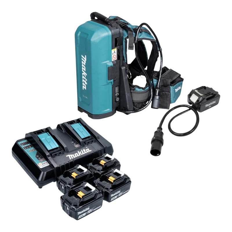 Sac à dos pour batteries Makita PDC 01 36 V (2x 18 V) + adaptateur de batterie 18 V + 4 batteries 3,0 Ah + chargeur