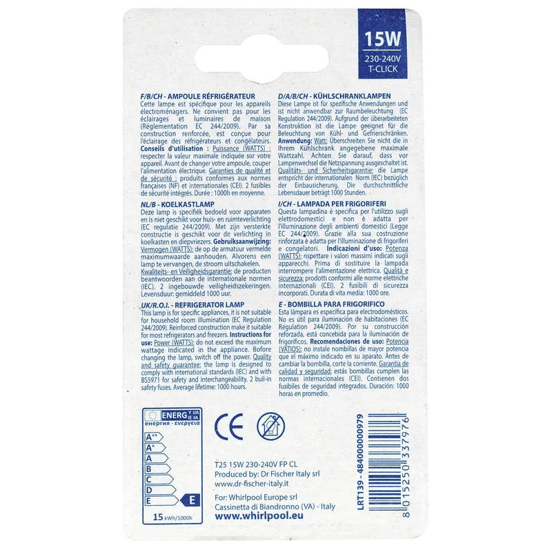 WPRO - Refrigerator Bulb - T-Click - 15 W - - 2700 K - Bright - Bulb
