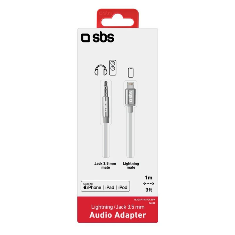 SBS - Câble de chargement et de données - 3.5 mm Jack (Mâle) - Lightning (Mâle) - 1,0 m