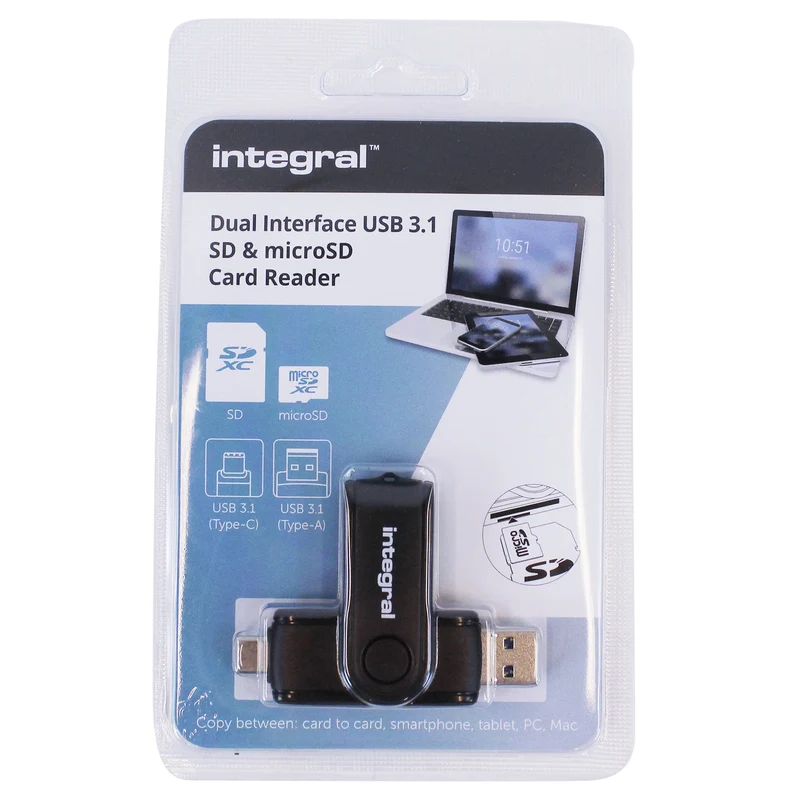 INTEGRAL - Lecteur de carte SD - USB-A / USB-C - Pour carte mémoire SD & carte mémoire microSD