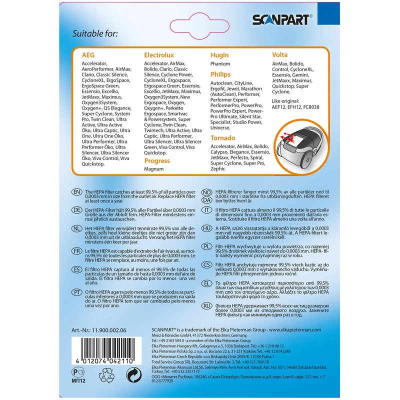 SCANPART Filtre d'échappement AEF12 - Suitable for AEG|Electrolux|Tornado|Volta|Philips EFH12|FC8038|H12