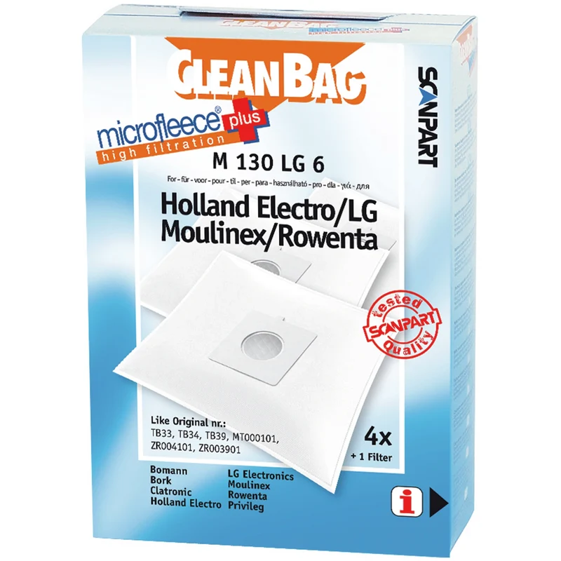 CLEANBAG M130LG-6 - 4 Sacs d´aspirateur - 1 Microfiltre - adapté pour Rowenta | Moulinex | LG | Holland Electro MT000101| TB-33| TB-34| ZR003901| ZR004101