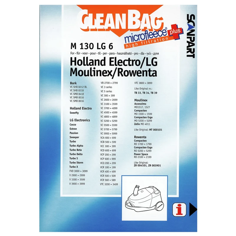 CLEANBAG M130LG-6 - 4 Sacs d´aspirateur - 1 Microfiltre - adapté pour Rowenta | Moulinex | LG | Holland Electro MT000101| TB-33| TB-34| ZR003901| ZR004101