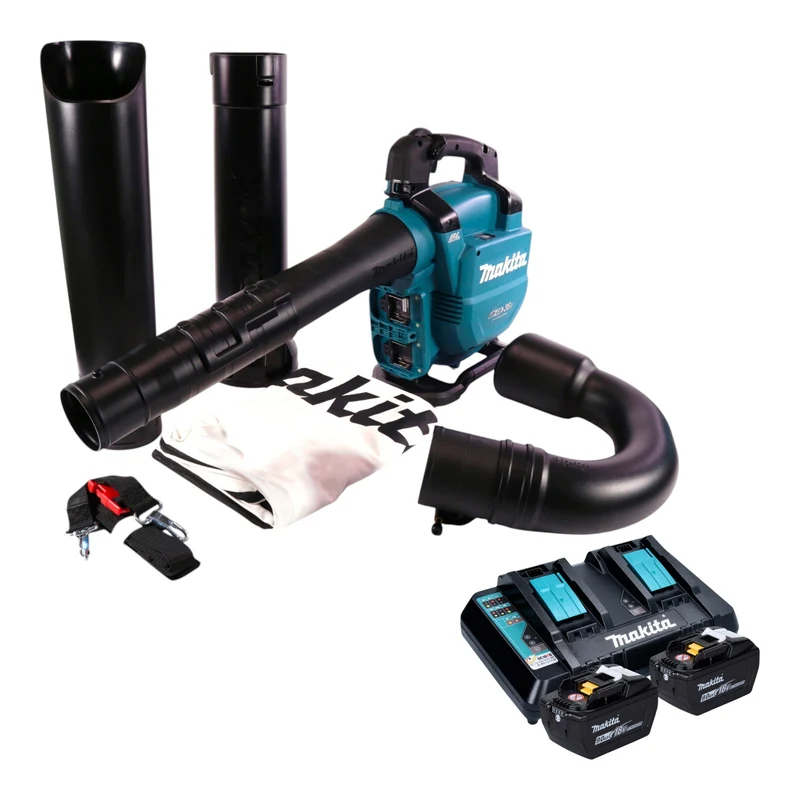 Makita DUB 363 ZV Souffleur / aspirateur à feuilles sans fil 36 V (2x 18 V) Brushless + kit d'aspiration + 2 batteries 9,0 Ah + chargeur
