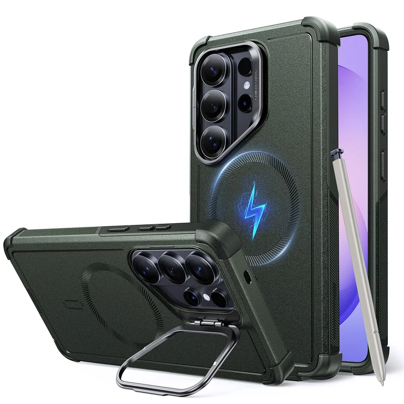 Galaxy S26 Cyber Tough Magnetic Case (Stash Stand) - Olive Green