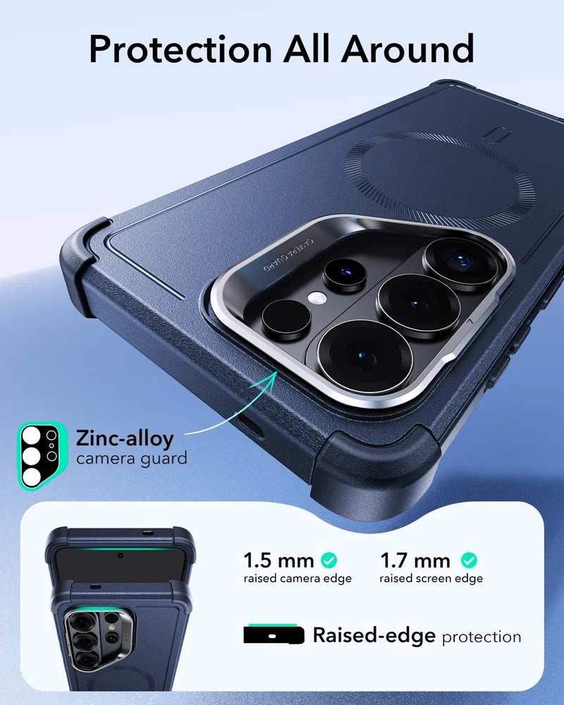 Galaxy S26 Ultra Bundle Cyber Tough Magnetic Case (Stash Stand) and Armorite® Pro Screen Protector - Navy Blue