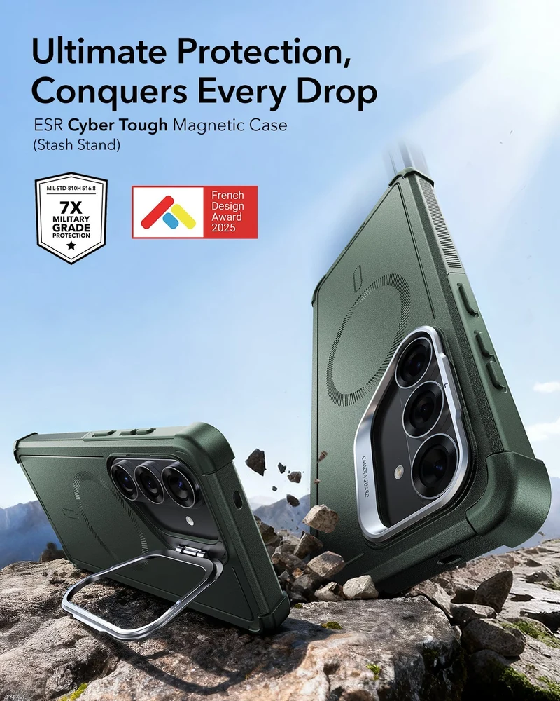 Galaxy S26 Cyber Tough Magnetic Case (Stash Stand) - Olive Green