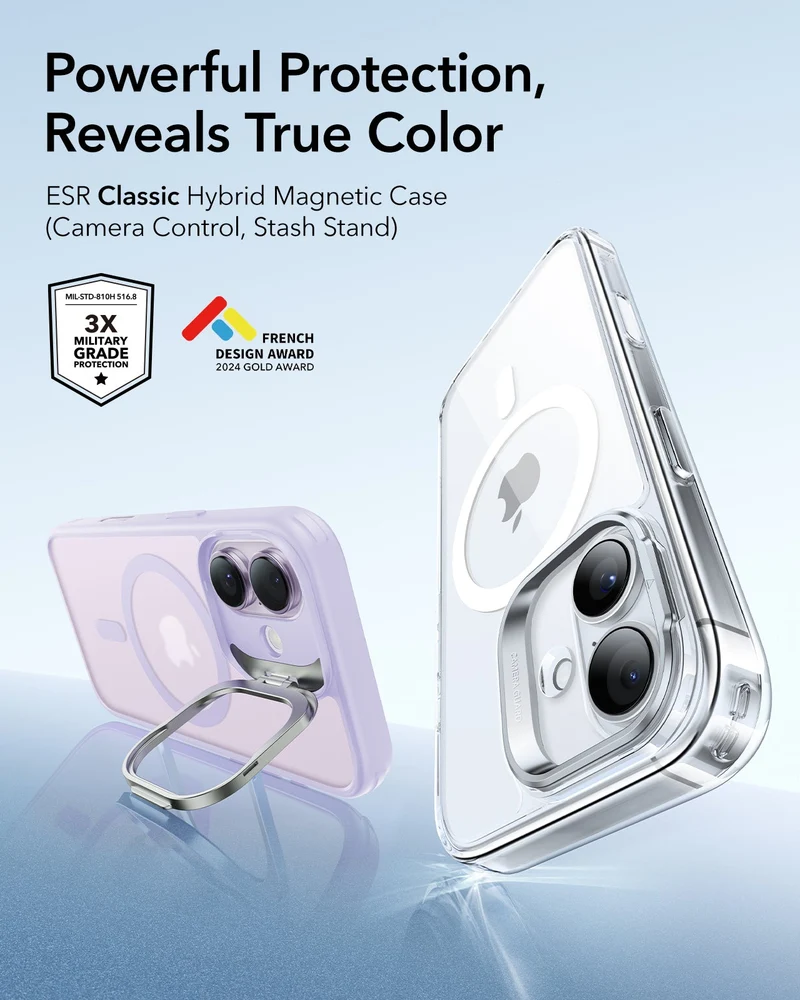 iPhone 17 Classic Hybrid Magnetic Case (Camera Control, Stash Stand) - Frosted Light Purple