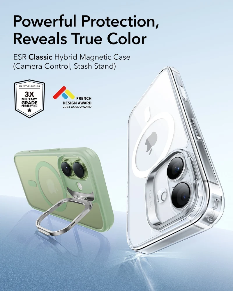 iPhone 17 Classic Hybrid Magnetic Case (Camera Control, Stash Stand) - Frosted Light Green