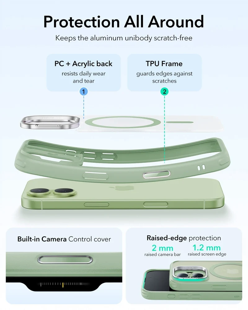 iPhone 17 Classic Hybrid Magnetic Case (Camera Control, Stash Stand) - Frosted Light Green