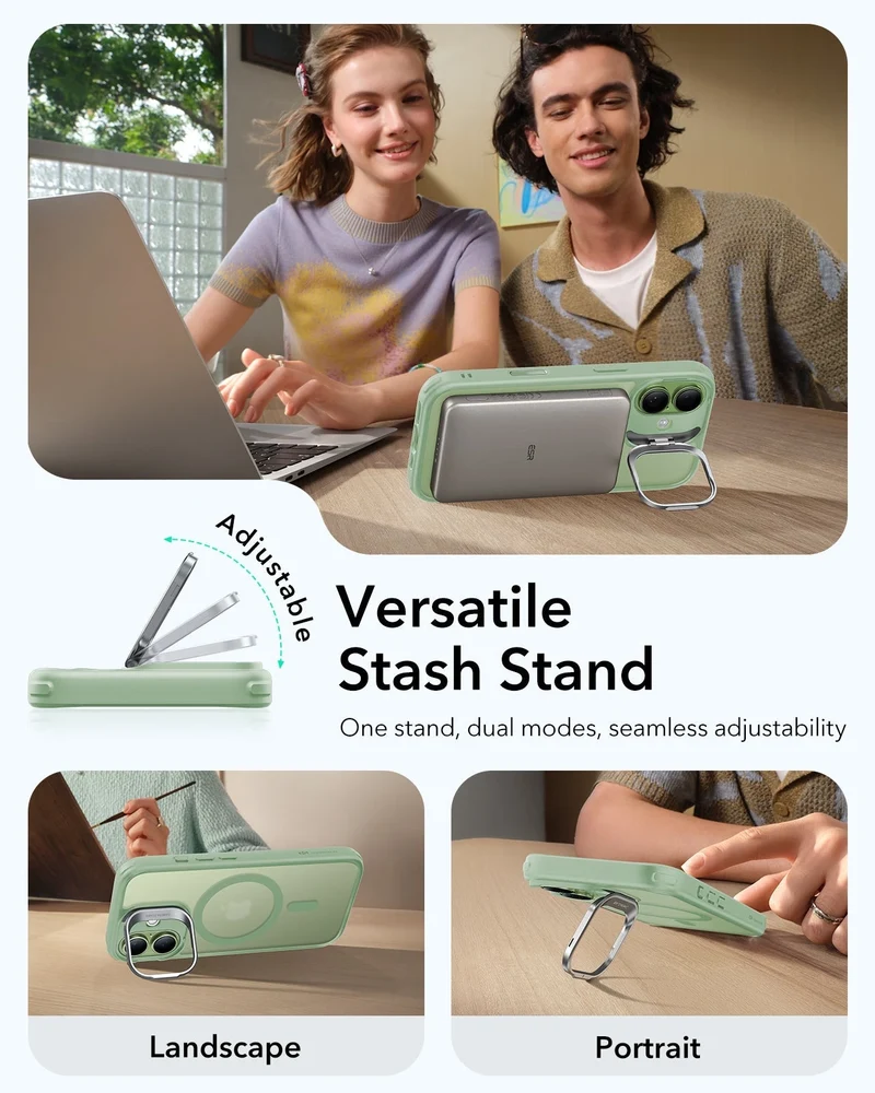 iPhone 17 Classic Hybrid Magnetic Case (Camera Control, Stash Stand) - Frosted Light Green