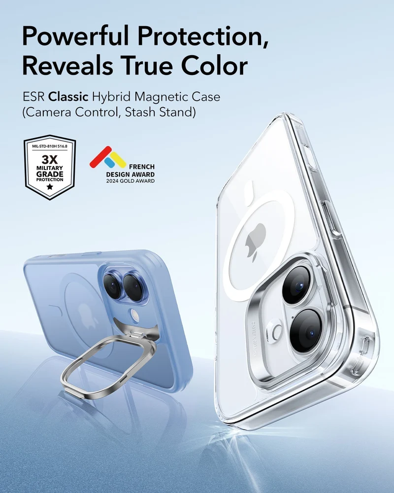 iPhone 17 Classic Hybrid Magnetic Case (Camera Control, Stash Stand) - Frosted Light Blue