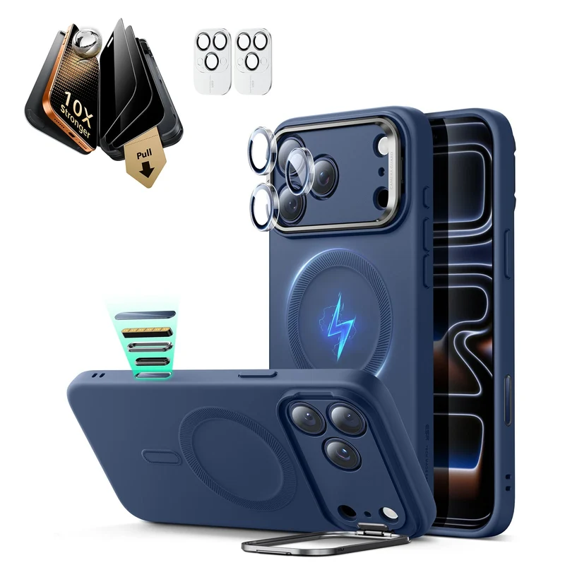 iPhone 17 Pro Max Bundle Cloud Soft Magnetic Case (Stash Stand) and Armorite Pro Privacy Screen Protector - Navy Blue