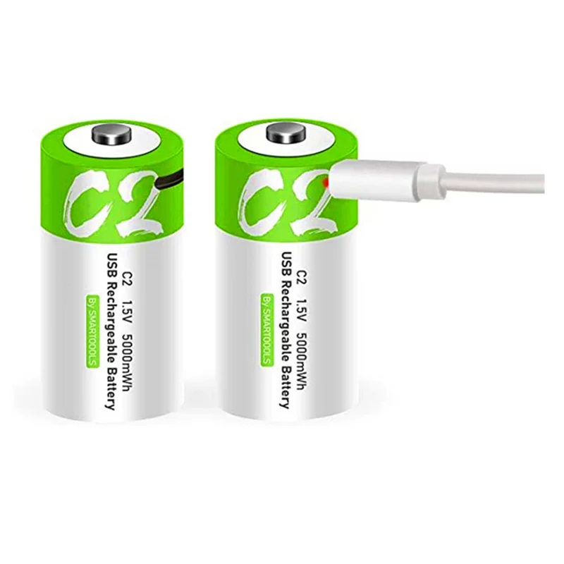 2-pack rechargeable USB-C lithium-ion battery, high capacity, 1.5 V, 5000 mWh, type-C port cable, constant