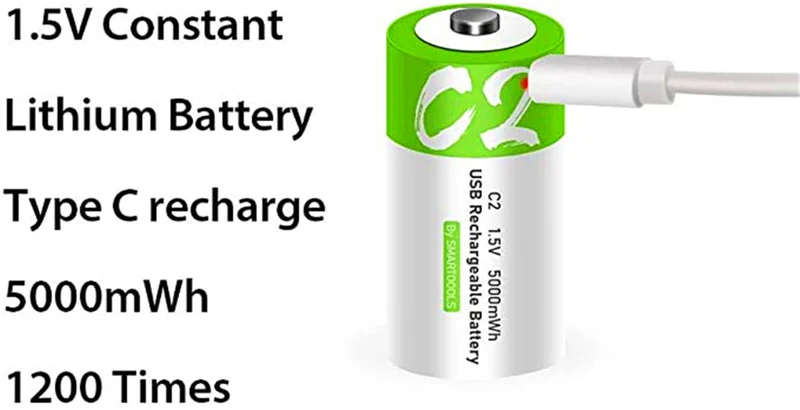 2-pack rechargeable USB-C lithium-ion battery, high capacity, 1.5 V, 5000 mWh, type-C port cable, constant