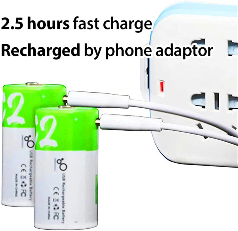 2-pack rechargeable USB-C lithium-ion battery, high capacity, 1.5 V, 5000 mWh, type-C port cable, constant