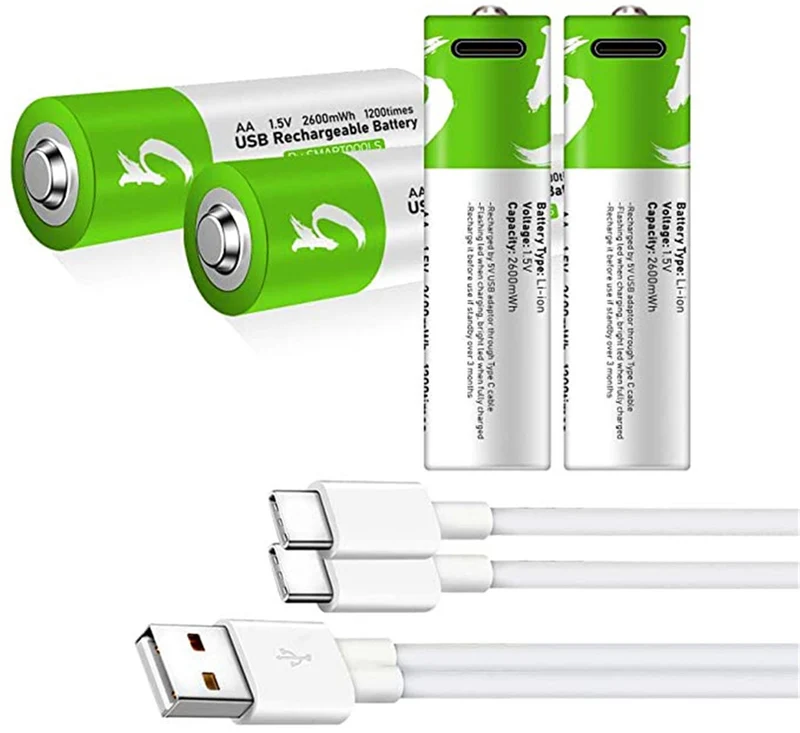 4 pieces of rechargeable USB AA lithium-ion battery, 1.5 V, 2600 mWh, rechargeable AA battery, 1.5 h quick charge, more constant