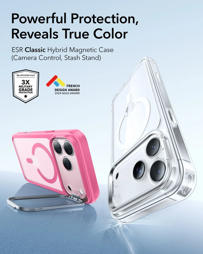 iPhone 17 Pro Max Classic Hybrid Magnetic Case (Camera Control, Stash Stand) - Frosted Pink