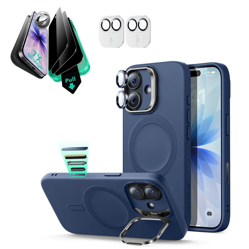 iPhone 17 Cloud Soft Magnetic Case (Camera Control, Stash Stand) Armorite Privacy Protection Bundle - Navy Blue