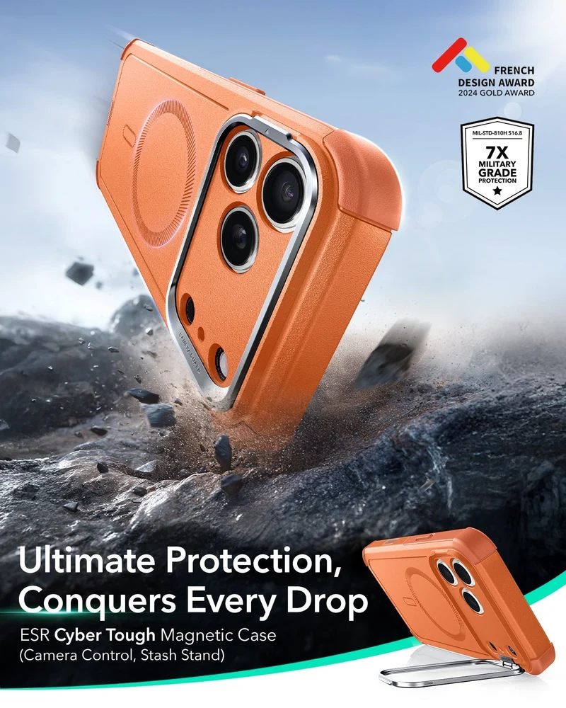 iPhone 17 Pro Max Cyber Tough Magnetic Case (Camera Control, Stash Stand) - Orange