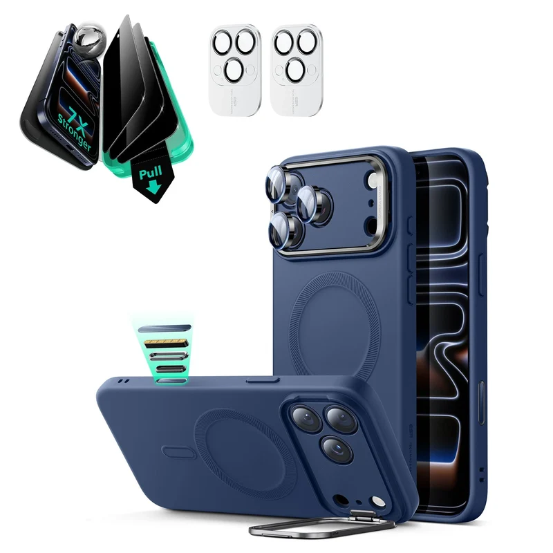 iPhone 17 Pro Cloud Soft Magnetic Case (Camera Control, Stash Stand) Armorite Privacy Protection Bundle - Navy Blue