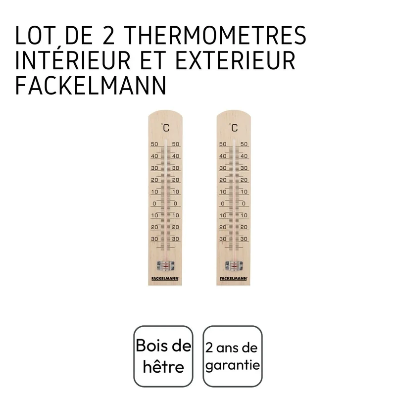 Lot de 2 Thermomètres intérieur et extérieur en bois Fackelmann Tecno